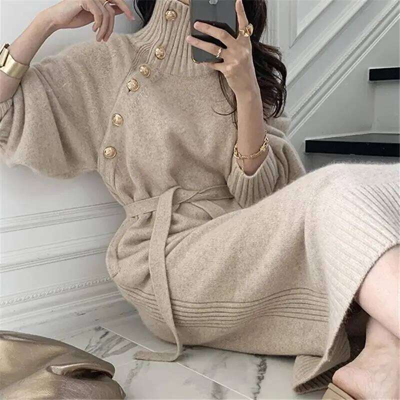Vintage Chic Dresses Autumn Winter Women Solid Turtleneck Button Bandage Fashion Long Sleeve Loose Loog Straight Knitted Dress Z260313