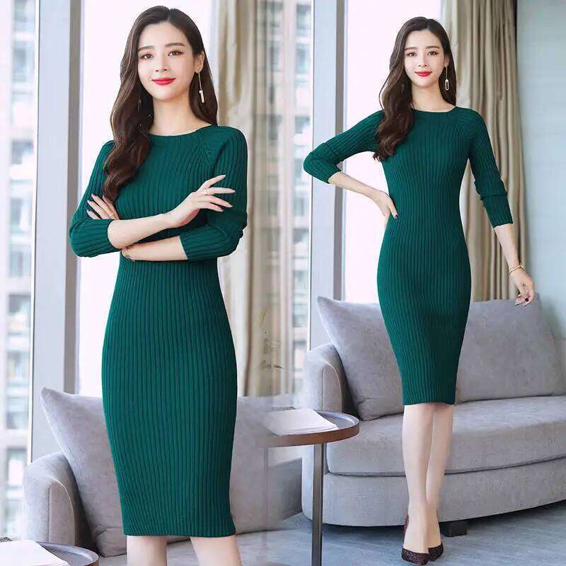 Midi Wrap Knit Dresses for Women Autumn Winter 2025 Maxi Women's Sweater Knitted One-piece Dress Green Long Sleeve Bodycon Black Z260314