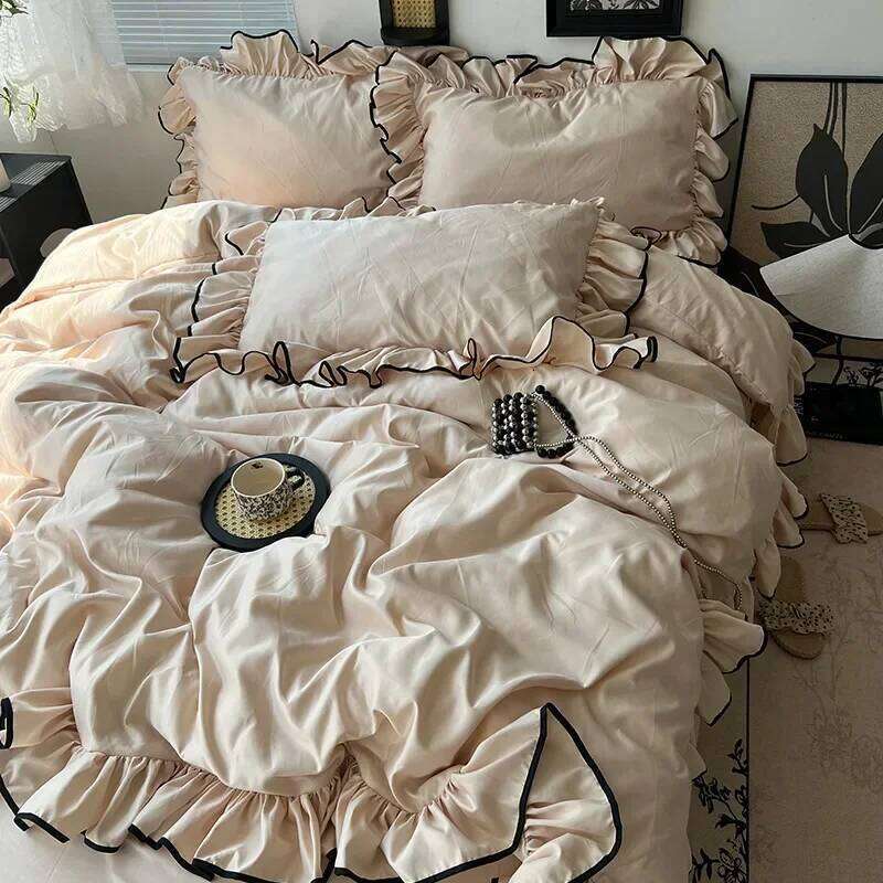 Summer Washed Satin Silky Bedding Set of 4 Pieces Princess Style Lace Bedclothes for Adults Solid Color Cooling Comforter Sets H260312 - view 4