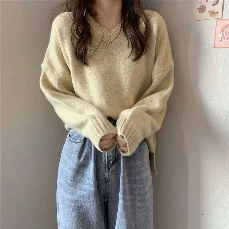 Auyumn Winter Solid Thick Sweet Pullovers V-neck Intellectual Loose Comfortable Temperament Screw Thread Women's Clothing 2022 Z260313