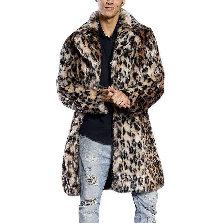 Men's Fashion Leopard Faux Overcoat Winter Warm Extra Jacket For Male Stylish Long Fur Outerwear Coat Parkas Z260313