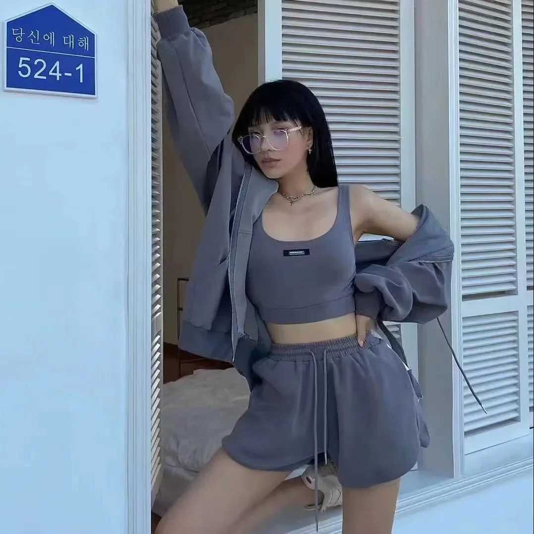 Shorts Three 3 Piece Sets Women Casual Vest Drawstring Short Hooded Zipper Jacket Sportswear Suits Y2k Streetwear Sports Hoodies M260313