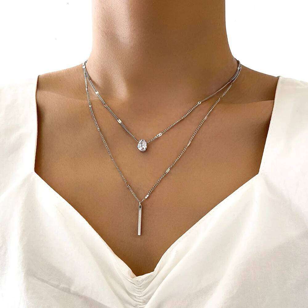 FTCY Double Layered Water Drop Pendant Necklace for Women Gold Color Simple Neck Chain Female Vintage Jewelry Gifts H260312
