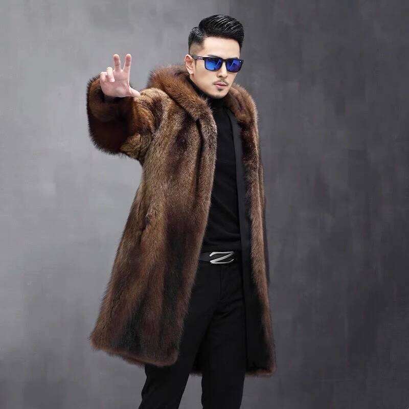 Men's long fur winter warm mink coat hooded jacket loose casual windbreaker Z260313