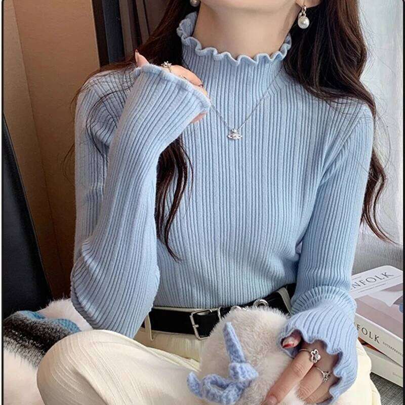 2025 Autumn Winter Women Half Turtleneck Fashion Wooden Ear Pullover Knitted Tops Long Sleeve O Neck Slim Warm Sweater Female Z260313