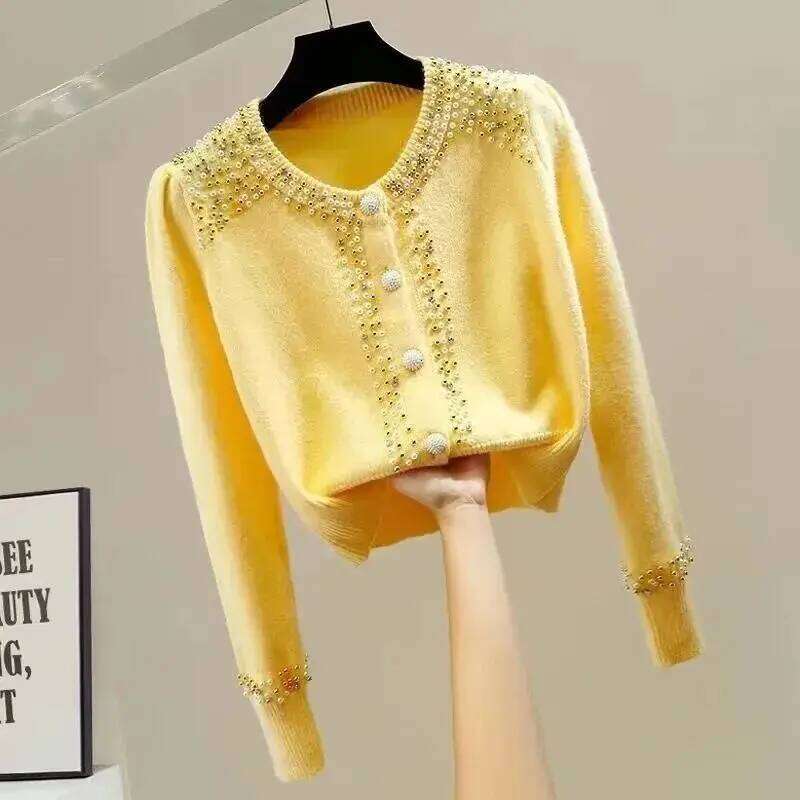 Bead-encrusted Rhinestones Round Neck Single-breasted Long-sleeved Sweater Cardigan Commuter Temperament Versatile Top Z260313
