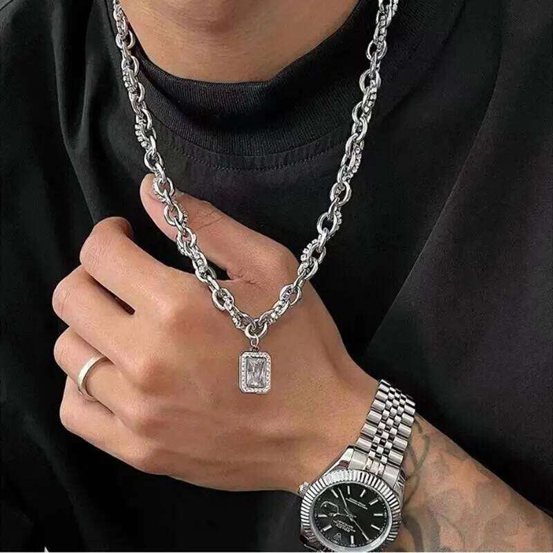 Hip Hop Square Zircon Necklace For Men Women Titanium Steel Male Pendant Sweater Chain Jewelry Charm Kpop Unisex Accessories H260312