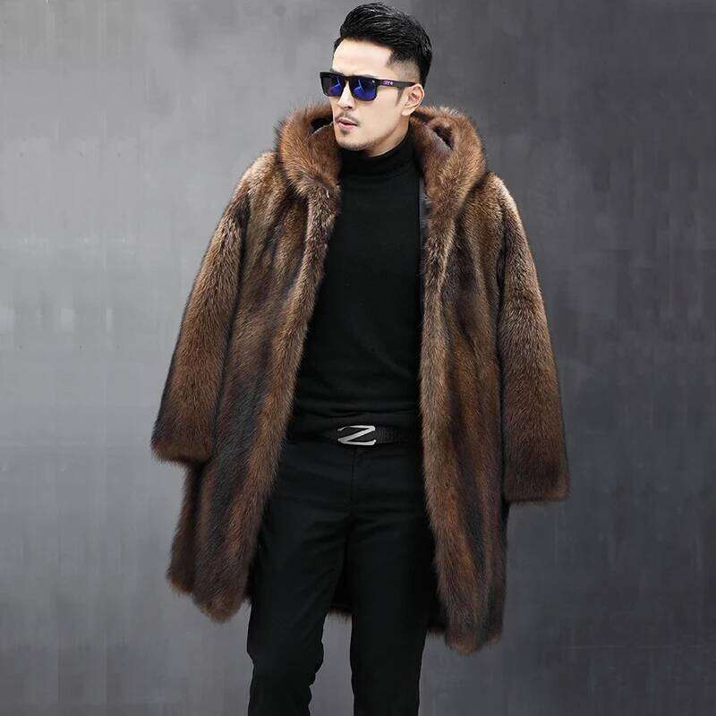 Men's long fur winter warm mink coat hooded jacket loose casual windbreaker Z260313