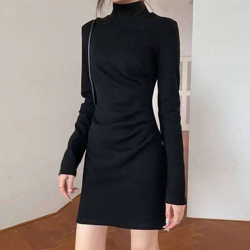 Women Turtleneck Dress Autumn Winter Long Sleeve Bottoming Slender Dresses Elegant Ladies Folds Fashion Solid Simple Vestidos OL Z260314