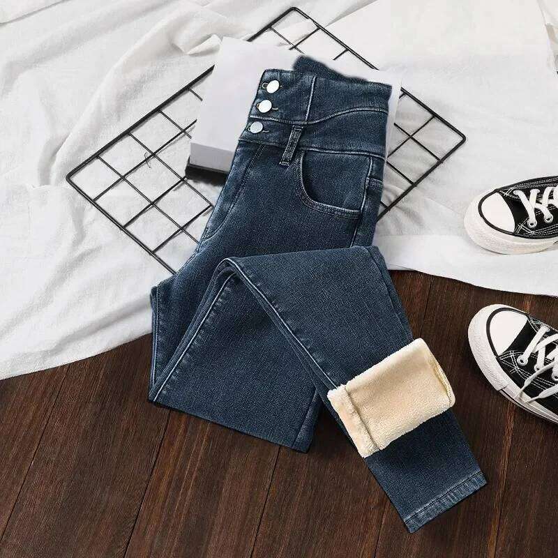 Winter Thick Velvet Women High Waist Skinny Jeans Simple Fleece Warm Fit Stretch Ladies Casual Slim Denim Pencil Pants Y2K Z260313