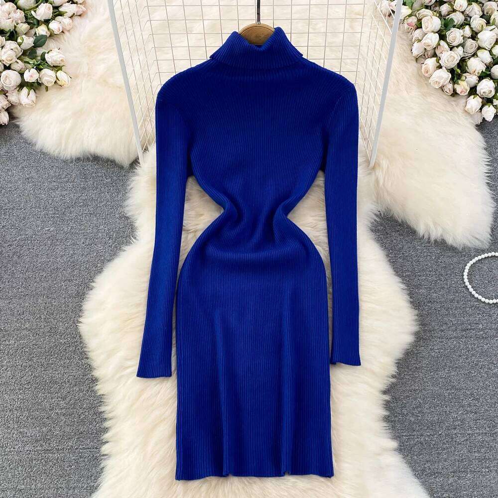 Elegant Turtleneck Long Sleeve Knit Bodycon Pencil Dress Slim Basic Fashion Sweater Vestido Sexy Women Autumn Winter Clothing Z260314