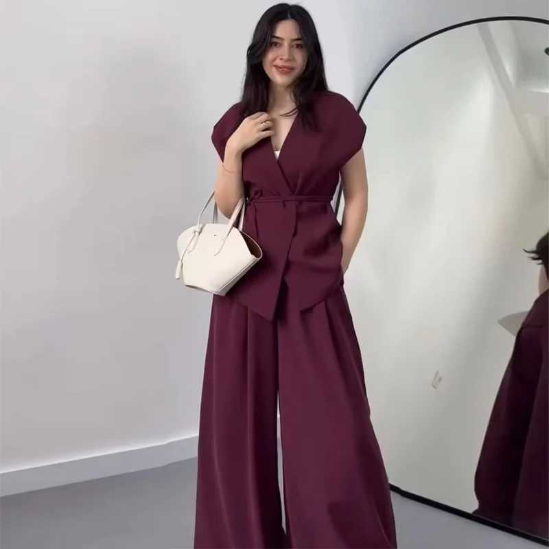 MUJER 2025 Wide Leg Pants Sets for Women 2 Pieces Sleeveless Vest Top Woman Pleated Casual Trousers Sets Two Piece Outfits Woman M260313