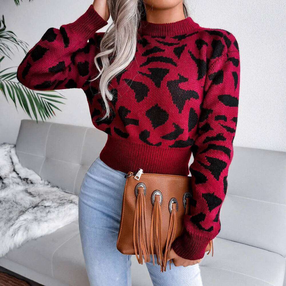 Autumn Winter Leopard Pattern Sweater Casual Women 2025 Round Neck Long Sleeve Knitted Short Pullover Z260313