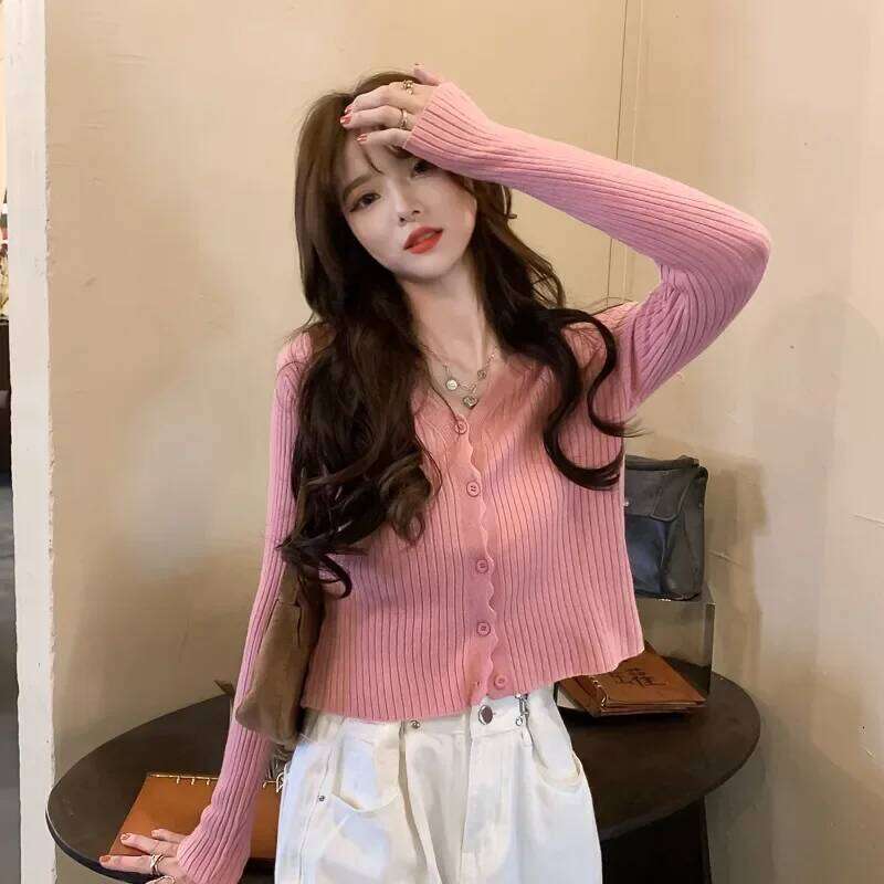 Women's Rib Knitted Crew Neck Cropped Cardigan Pastel Pink Purple Long Sleeve Fitted Short Sweater Jacket Fall Winter Y2K Outfit Z260314
