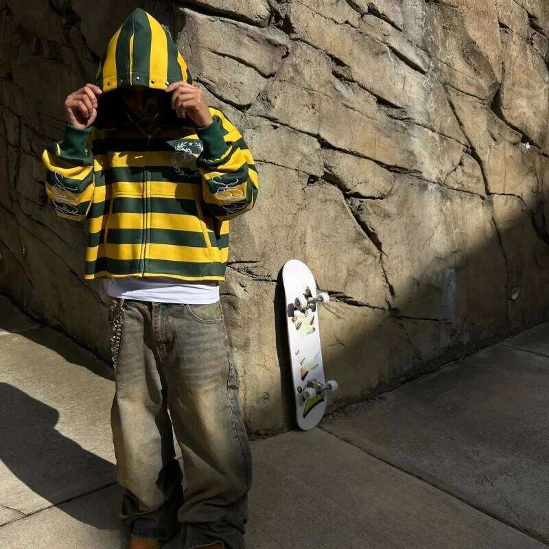 Y2K Retro Stripe Sweatshirt Rivet Embroidery Street Kid Zip Up Hoodie New Hip Hop Color Blocking Streetwear Unisex Boxy Clothing Z260315