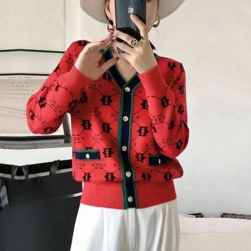 Autumn Winter V-Neck Geometric Women's Clothing Cardigan Sweater Knitted Button Lantern Long Sleeve Coats Contrast Color Tops Z260313