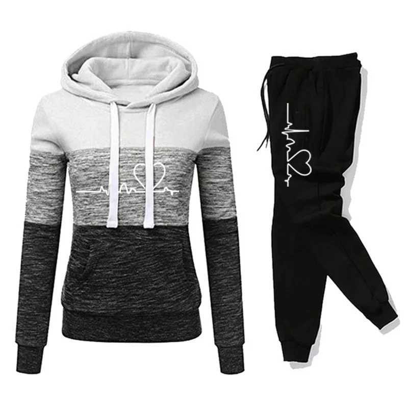 Women TraCKsuit Hooded Sweatshirt Sweatpant Color BloCK Versatile Casual Jogging Pullovers Sport Trousers Outfits S-3XL M260313