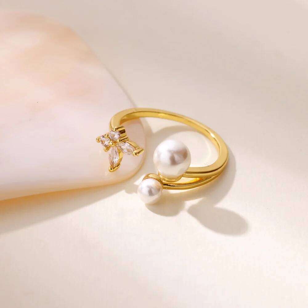 Stainless Steel Crystal Zircon Flower Rings For Women Fashion Imitation Pearl Gold Color Open Finger Ring Aesthetic Jewelry Gift H260312