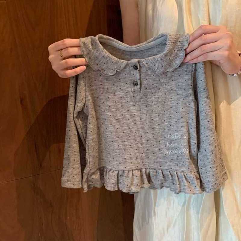 Women's Knits & Tees Spring and Autumn Stylish Polka Dot Long Sleeve Girls' Top, New Korean Style Versatile Girls' Cotton Ruffle Soft T