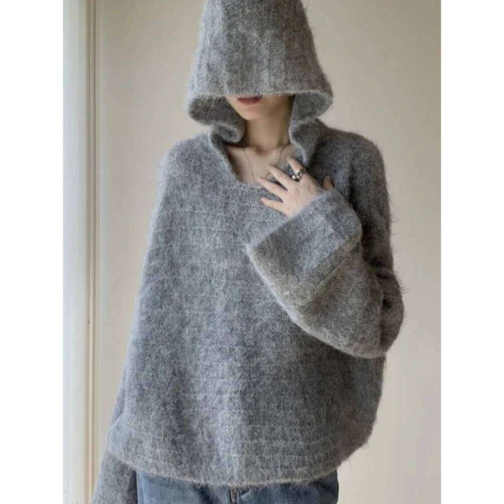Korean Grey Lazy Style Hooded Knitted Sweater 2025 Autumn Winter Simple Casual Loose Pullovers Pure Color Versatile Tops Z260313