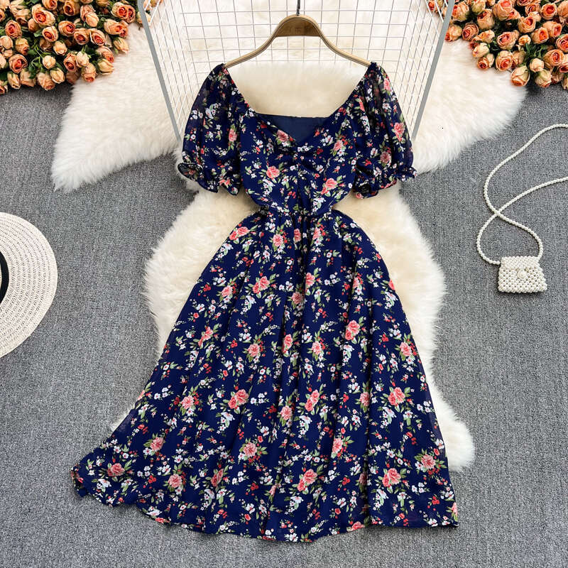 Summer new gentle and elegant mid waist V-neck floral chiffon dress, super fairy like first c10 love orange tone