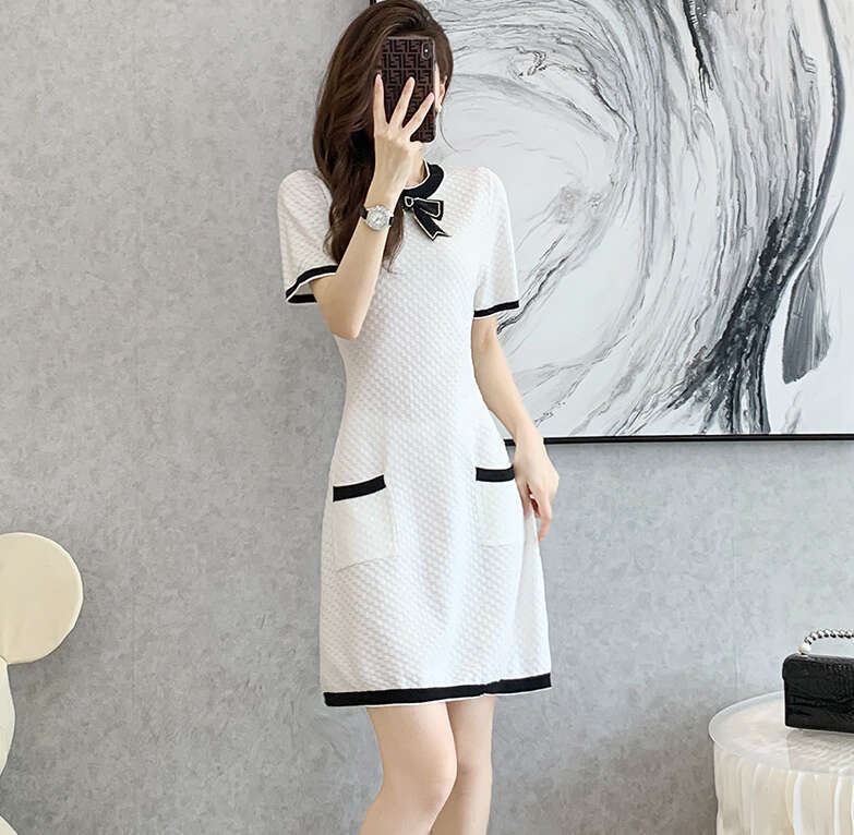 2026 Summer New Women's Knitted Short Sleeve Small Fragrant Style High Waist A-line Slimming Ice Silk Dress