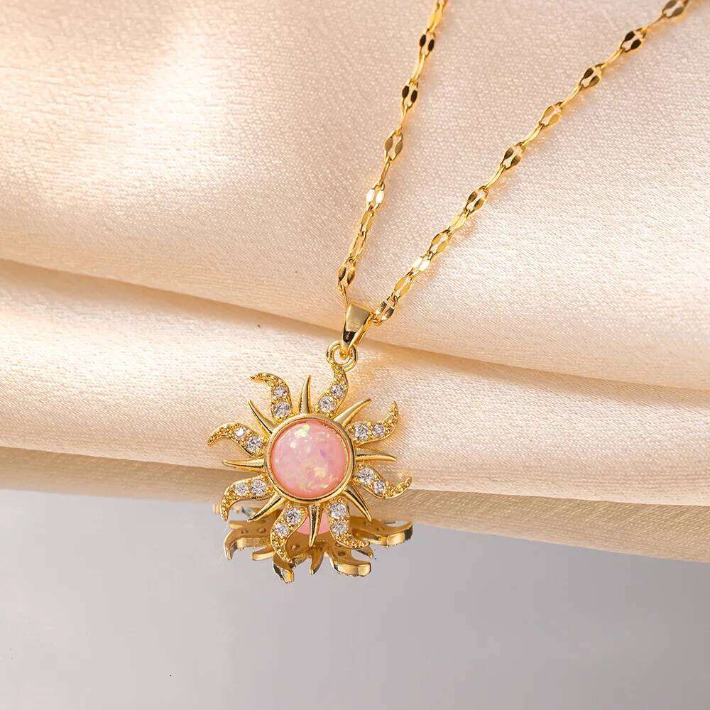 DIEYURO 316L Stainless Steel Pink Sun Flower Zircon Pendant Necklace For Women New Trend Fashion Neck Jewelry Glamorous Gift H260312