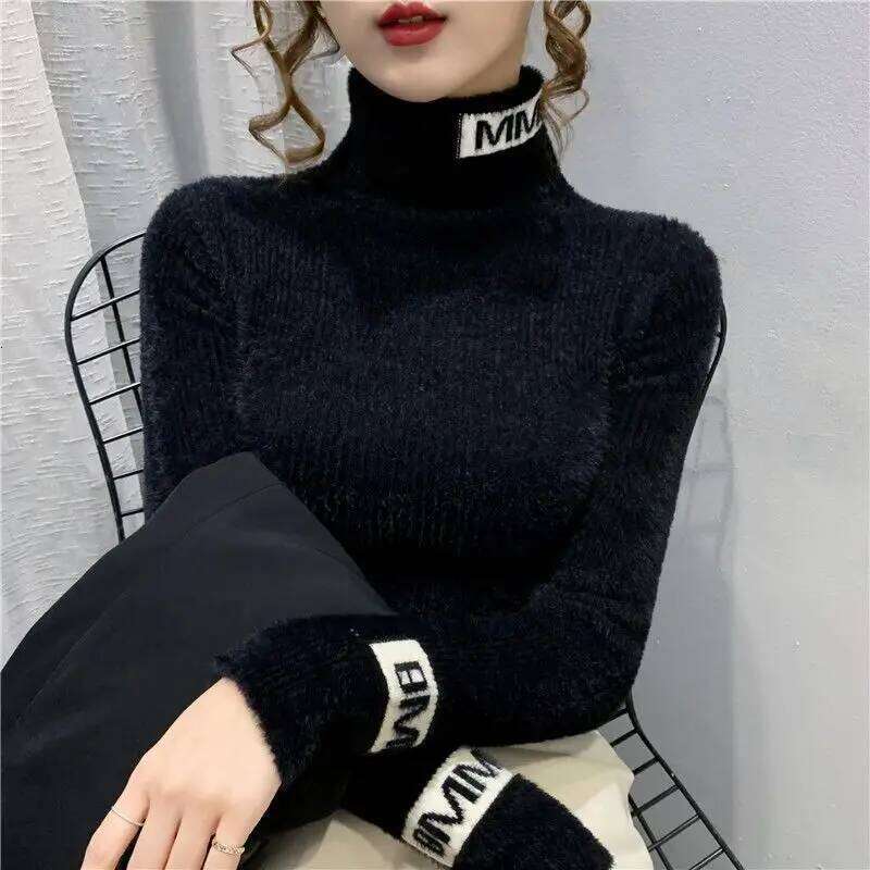 Autumn Winter New Letter Printing Sweaters Long Sleeve High Neck Solid Color Slim Youth Pullovers Elegant Fashion Women Clothing Z260313