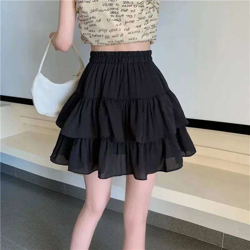 White Ruffles Mini Women Kawaii Elastic Waist A-line Loose Preppy Style Cute Short Pleated Skirt Korean Fashion Z260314