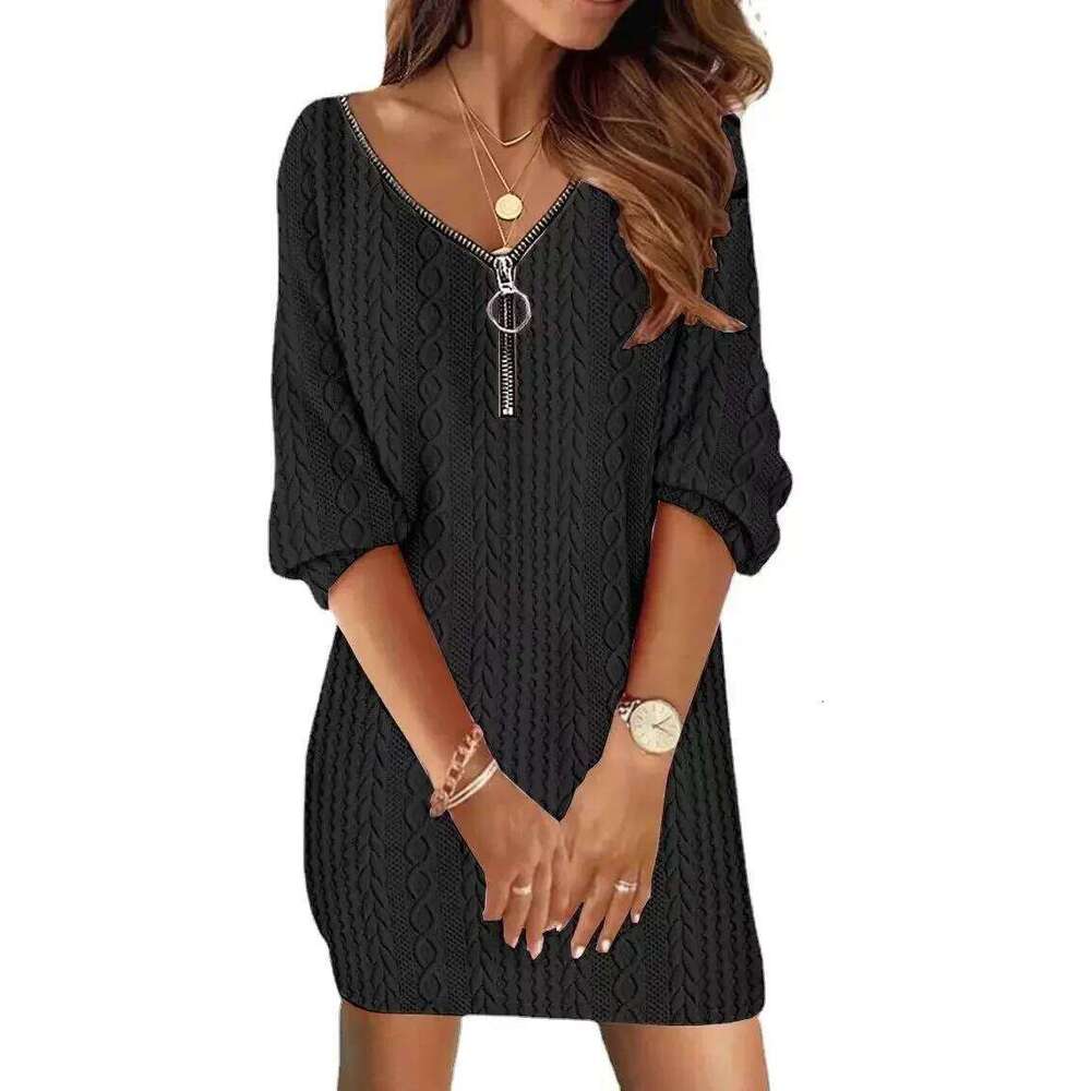 Sexy Zipper Mini Dress Women Winter Autumn V Neck Long Sleeve Dresses Solid Color Casual Basic Robe Z260314