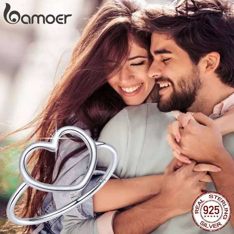BAMOER 925 Sterling Silver Hollowed Heart Finger Rings Geometric Jewelry for Women Wedding Engagement Minimalist Statement Gift H260312