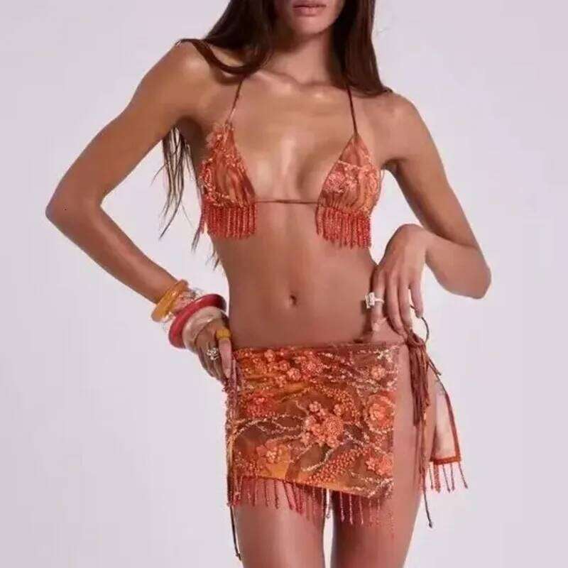 Sexy Fringe Skirt For Women's Summer Vintage Fashion Embroidery Tie Dye Orange Beach Vacation Style Bikini Three-piece Set Y260303