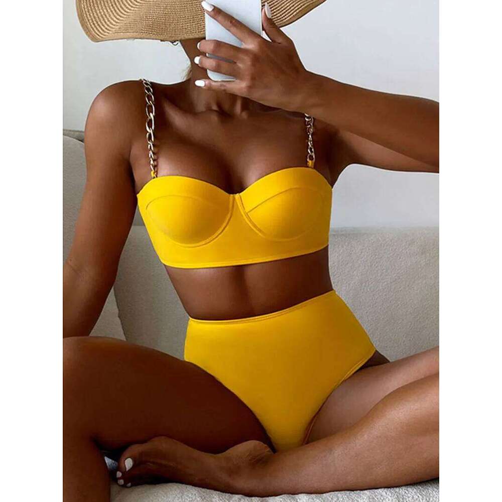 Sexy High Waist Bikini Set Women Push Up Swimwear Solid Neon Green Metal Shoulder Strap Swimsuit 2025 New Bathing Suit Beachwear Y260303