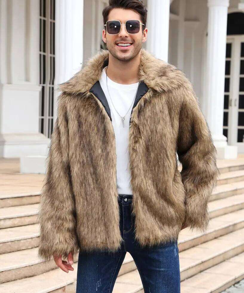 Men Faux Fox Jacket Coat Winter Thick Fluffy Long Sleeve Lapel Warm Shaggy Outerwear Luxury Fur Jackets Mens Z260313