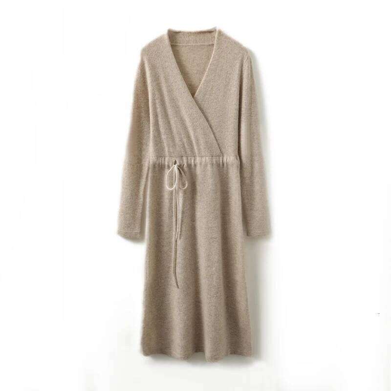 New Women's 100% Merino Wool Autumn Winter Cross V-neck Knit Pullover Long Sweater Cashmere Waist Drawstring Dress Z260314