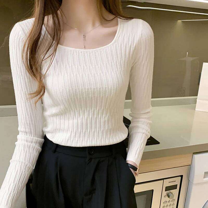 Square Collar Solid Bottoming Long Sleeve Slim Knit Pullovers Casual Office Sweater Women 2025 Fall Winter Z260314