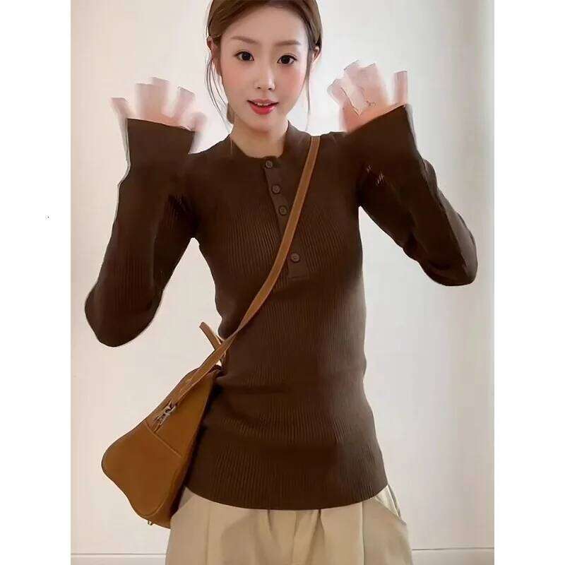 Autumn and Winter Pullover Long-sleeved Round Neck Buttoned Sweater Women's Slim Fit Bottoming Shirt Top Z260313