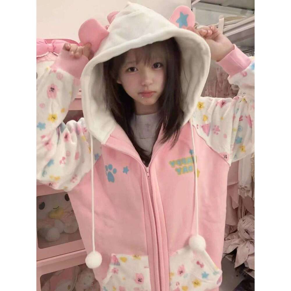 Harajuku Coats with Hoodies Women Japanese Sweet Lolita Sweatshirts Kawaii Cartoon Print Y2k Overcoat Fashion Clothes Top Z260314