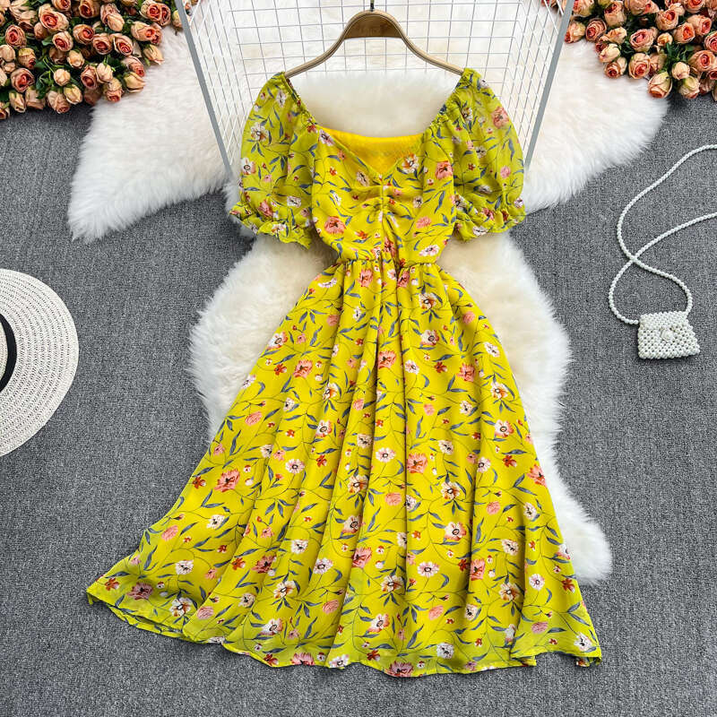Summer new gentle and elegant mid waist V-neck floral chiffon A12 dress, super fairy like first love orange tone
