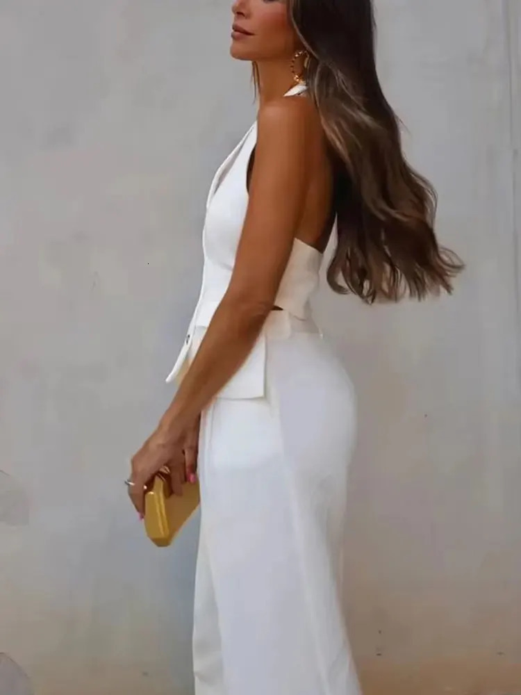 HH Women Fashion Solid Pant Suit Halter Single Breasted Sleeveless Blazer Vest Top Zipper Fly Trousers Office Lady Sets 260309