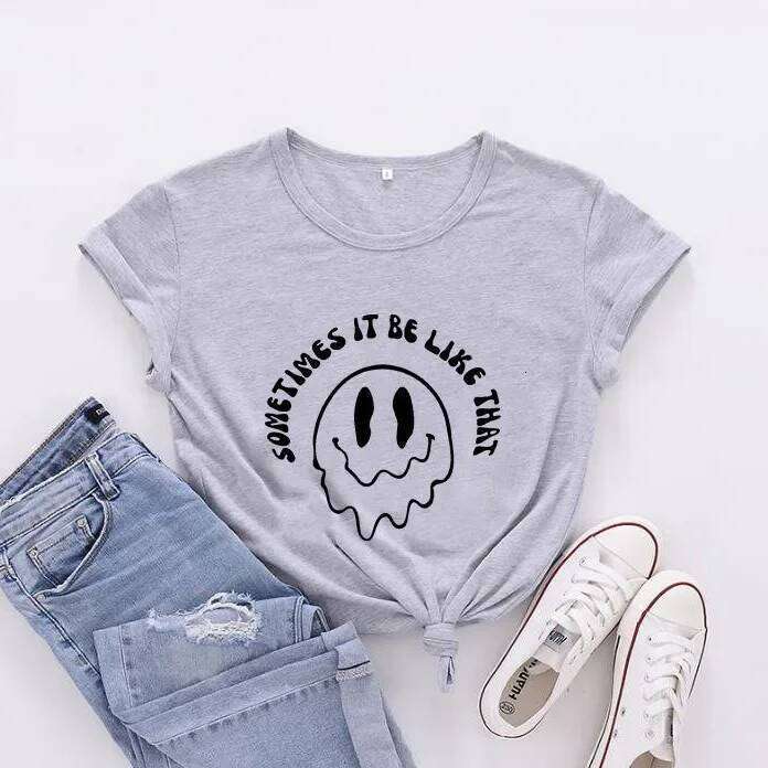 Pure Cotton Casual Women's T-shirt Smiley Face Fashionable Short Sleeve Crew Neck Top Comfortable Breathable Sweatshirt Z260314