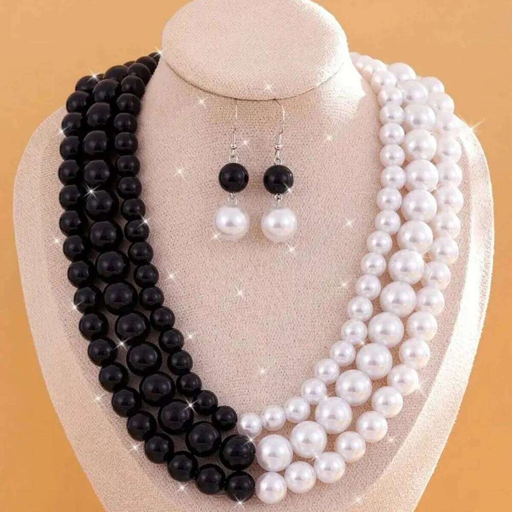 Elegant Black White Imitation Pearl Necklace - Unique Women's Layered Design, Suitable For Parties And Gifts H260312