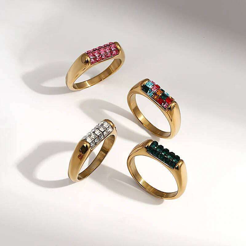 Freetry Fashion Inlaid Rhinestone Crystal Exquisite Geometric Stainless Steel Waterproof Gold Plated Ring Jewelry Gift H260312