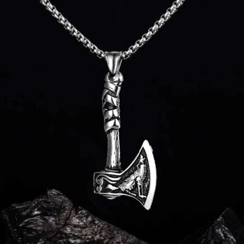 Punk Style men's Necklace With Viking Axe Pendant Silver Color Vintage Wolf Pattern Hip Hop Rock Jewelry Neck Accessories Gifts H260312