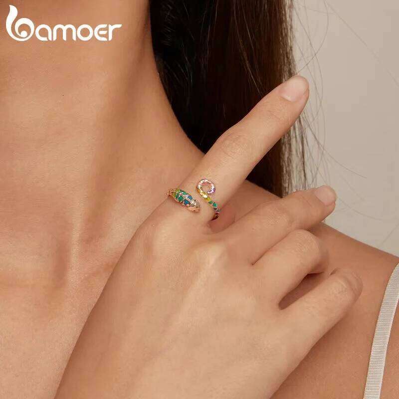 Bamoer 925 Sterling Silver Colorful Chameleon Opening Enamel Process Animal Adjustable Ring for Women Fine Jewelry H260312