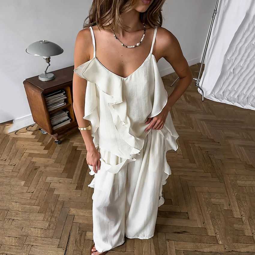 Linad Casual Apricot SpaghettiStrap Camisole Suits 2026 Fashion Elastic Waist Trousers With Ruffles Vest Two Piece Sets Women M260313
