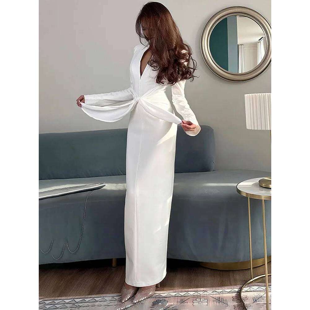 Trendix Lace Up Elegant Evening Female 2025 Autumn Sexy Deep V Neck Sleeve Maxi Dresses Party Slim Commute Long Dress Z260314