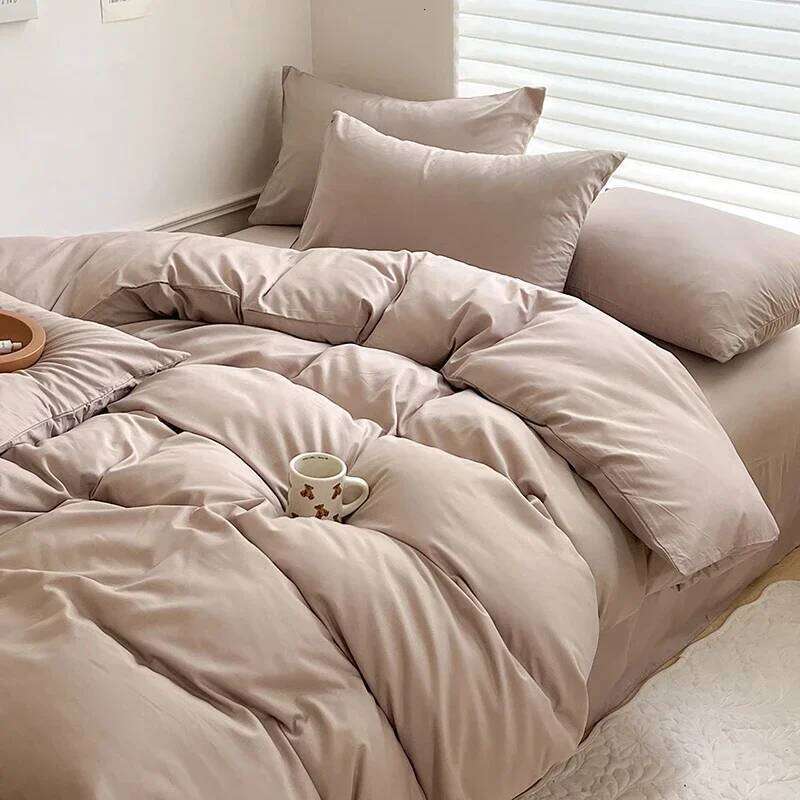 Solid Bed Linen Cotton Bedding Set with Sheet Duvet Cover Pillowcase Single Couple Bedsheet King Queen Double Twin Size H260312 - view 5