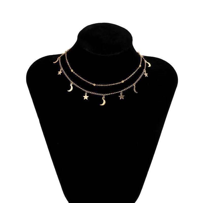 Star & Moon Pendant Clavicle Necklace Double Layers Beads Minimalist Women Fashion Collares Summer Everyday Jewelry Bijoux H260312
