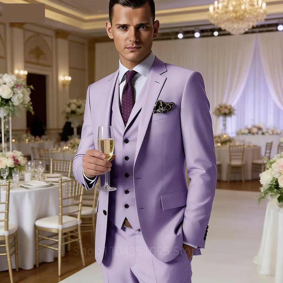 Mens Formal Terno with Notched Lapel Celebrity 3-Piece Suit Two-Button Blazer Vest Pants Set M260313